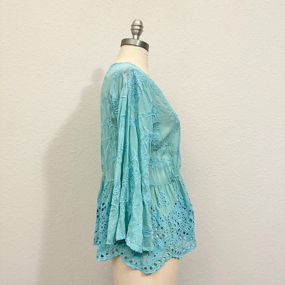 JOHNNY WAS Ingrid Reveka Blouse Top Marine Blue Floral Eyelet Peplum - Picture 6 of 11